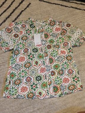 Grace Karin White Blouse with Orange & Green Floral Print